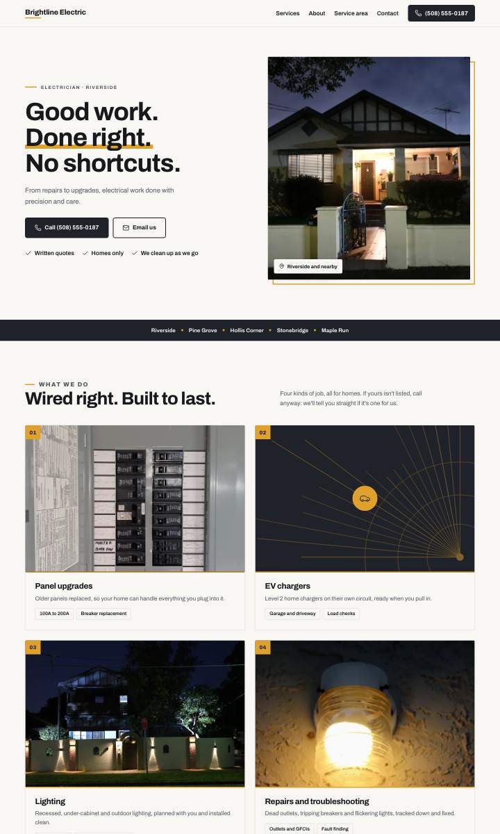 The whole Brightline Electric homepage, top to bottom