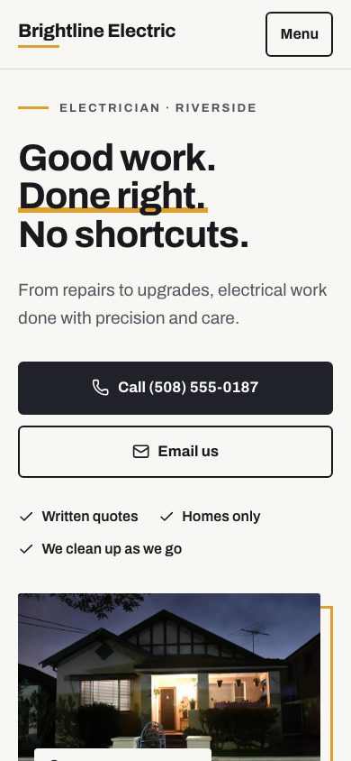Brightline Electric example website on a phone