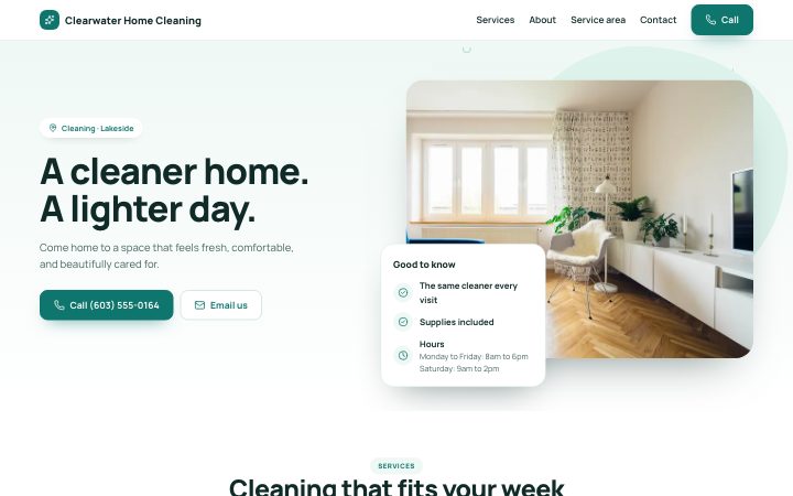 Clearwater Home Cleaning example website on a computer