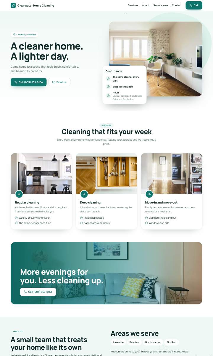 The whole Clearwater Home Cleaning homepage, top to bottom