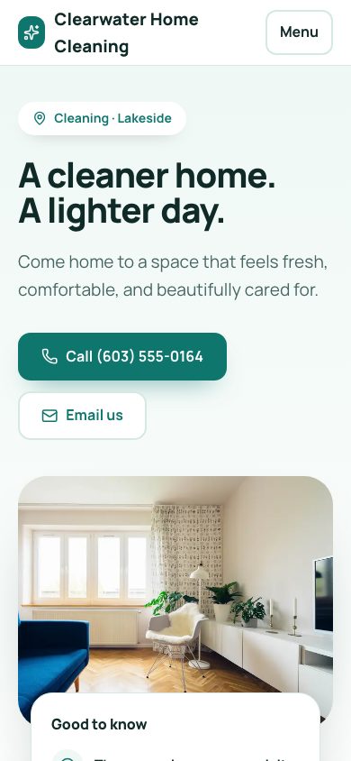 Clearwater Home Cleaning example website on a phone