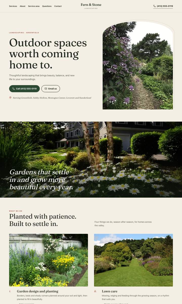 The whole Fern & Stone Landscaping homepage, top to bottom