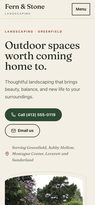 Fern & Stone Landscaping example website on a phone