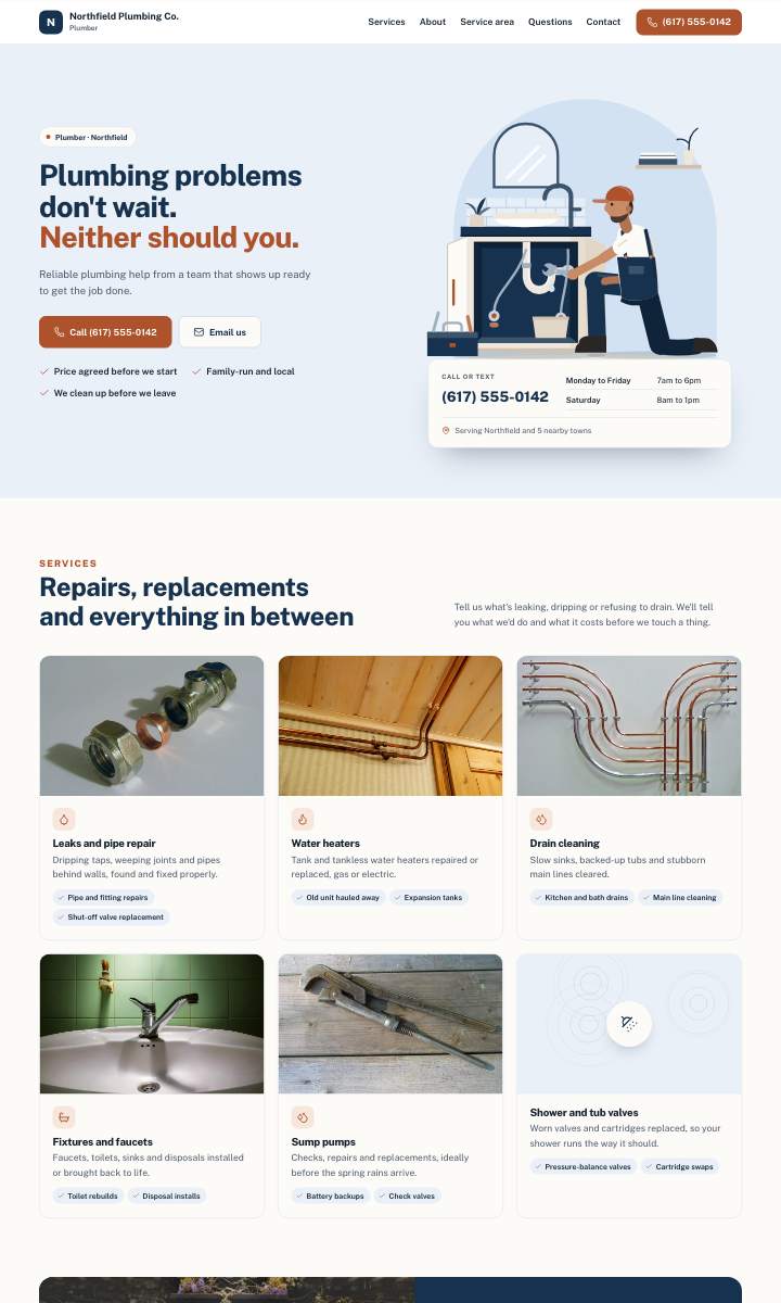 The whole Northfield Plumbing Co. homepage, top to bottom