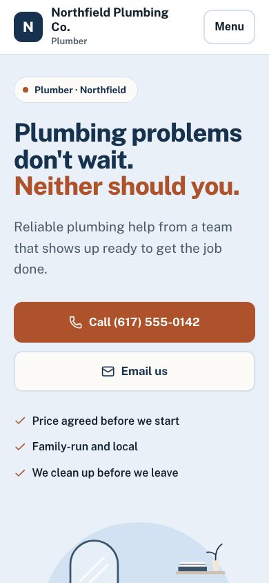 Northfield Plumbing Co. example website on a phone
